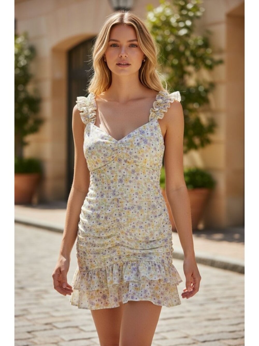 Elodie Floral Ruffle Mini Dress XS Yellow Purple White Spring